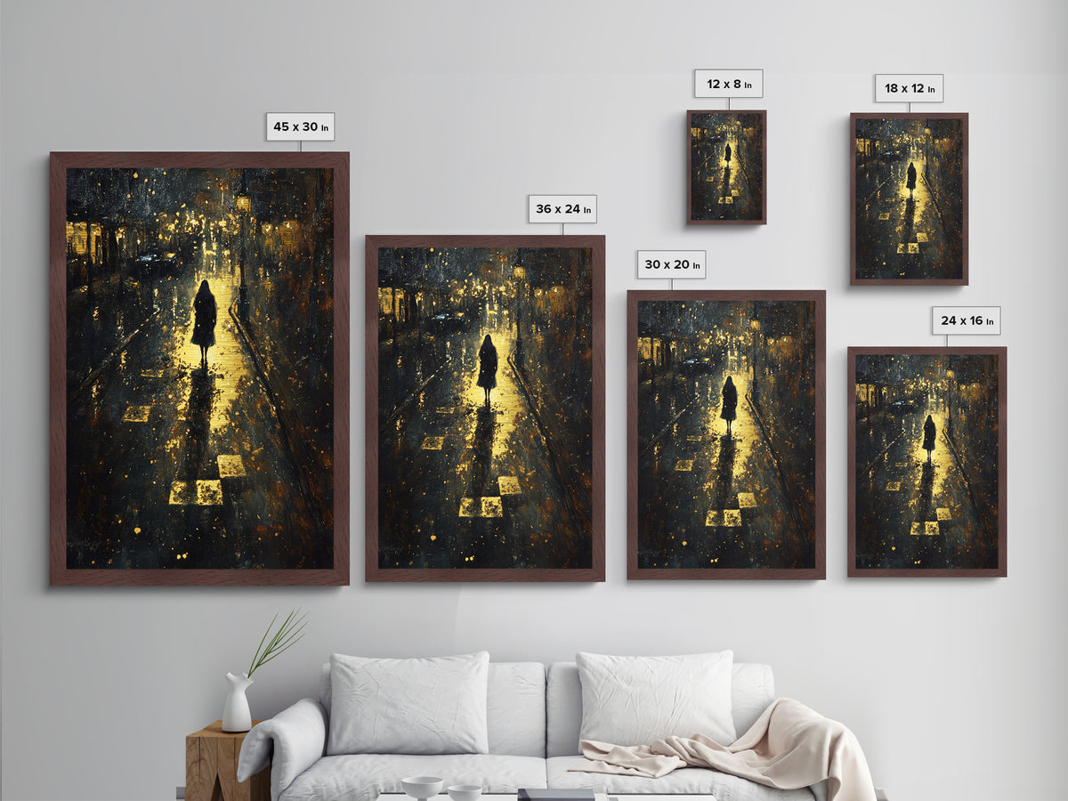 Spooky Night Street Scene Metallic Gold Art, Haunted City Metal Art Print, Gothic Halloween Wall Decor in rustic wood frame