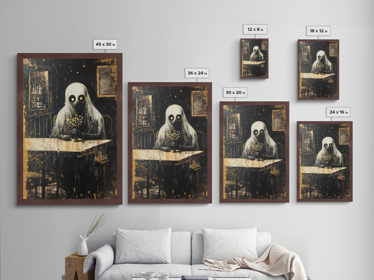 Haunted Cafe Metallic Gold Art, Spooky Ghost with Flowers Metal Art Print, Gothic Halloween Wall Hanging in wood frame display