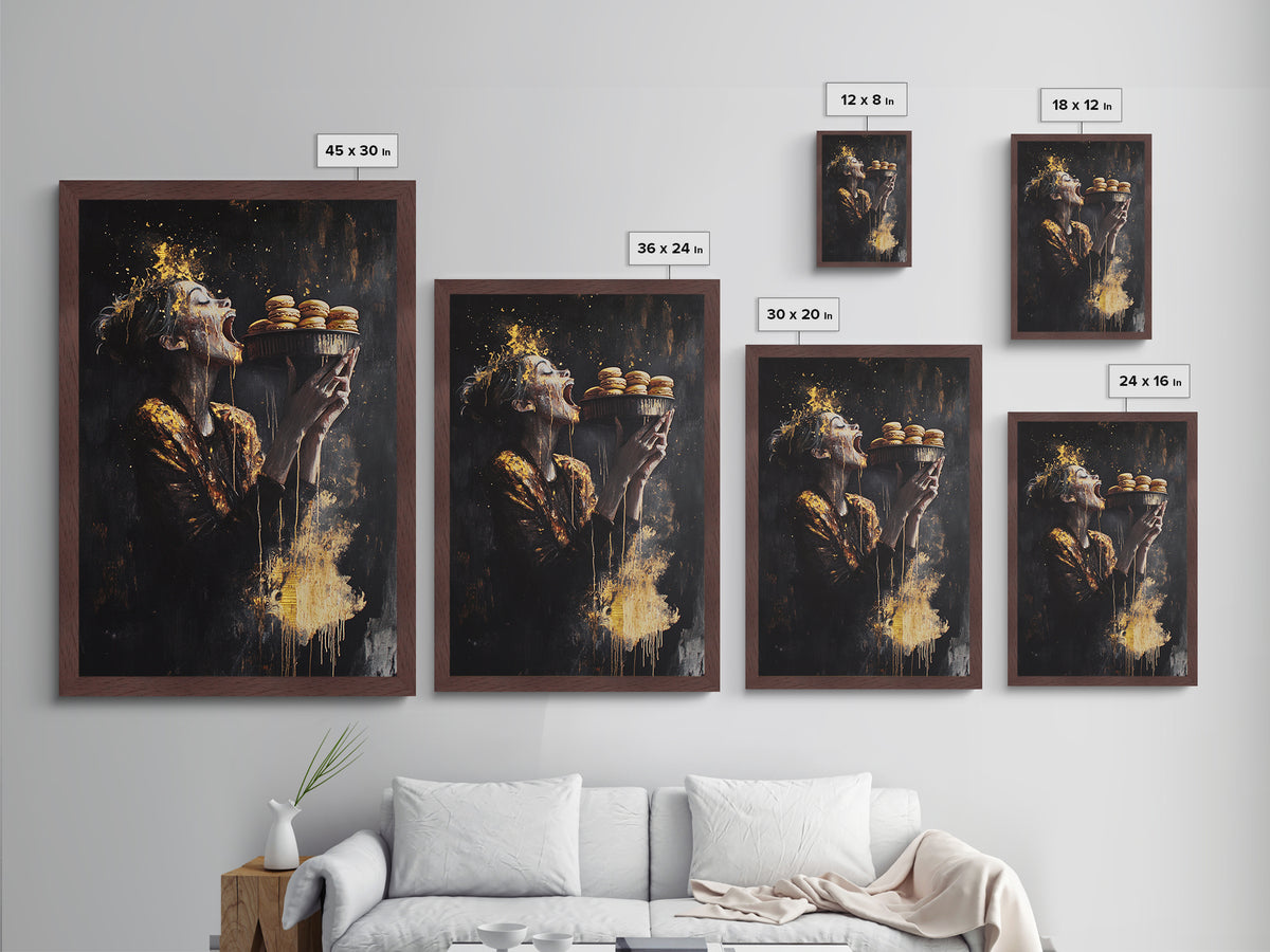 Horror Feast Metallic Gold Art, Spooky Gothic Woman Eating Macarons Metal Art Print, Halloween Wall Decor framed in real wood