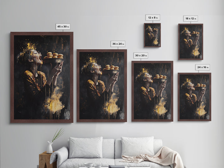 Horror Feast Metallic Gold Art, Spooky Gothic Woman Eating Macarons Metal Art Print, Halloween Wall Decor framed in real wood