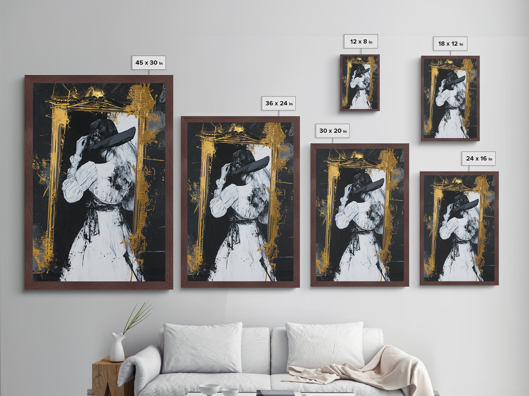 Witchy Gothic Lady Metallic Gold Art, Haunted Mirror Scene Metal Art Painting, Spooky Halloween Decor framed with wood detail