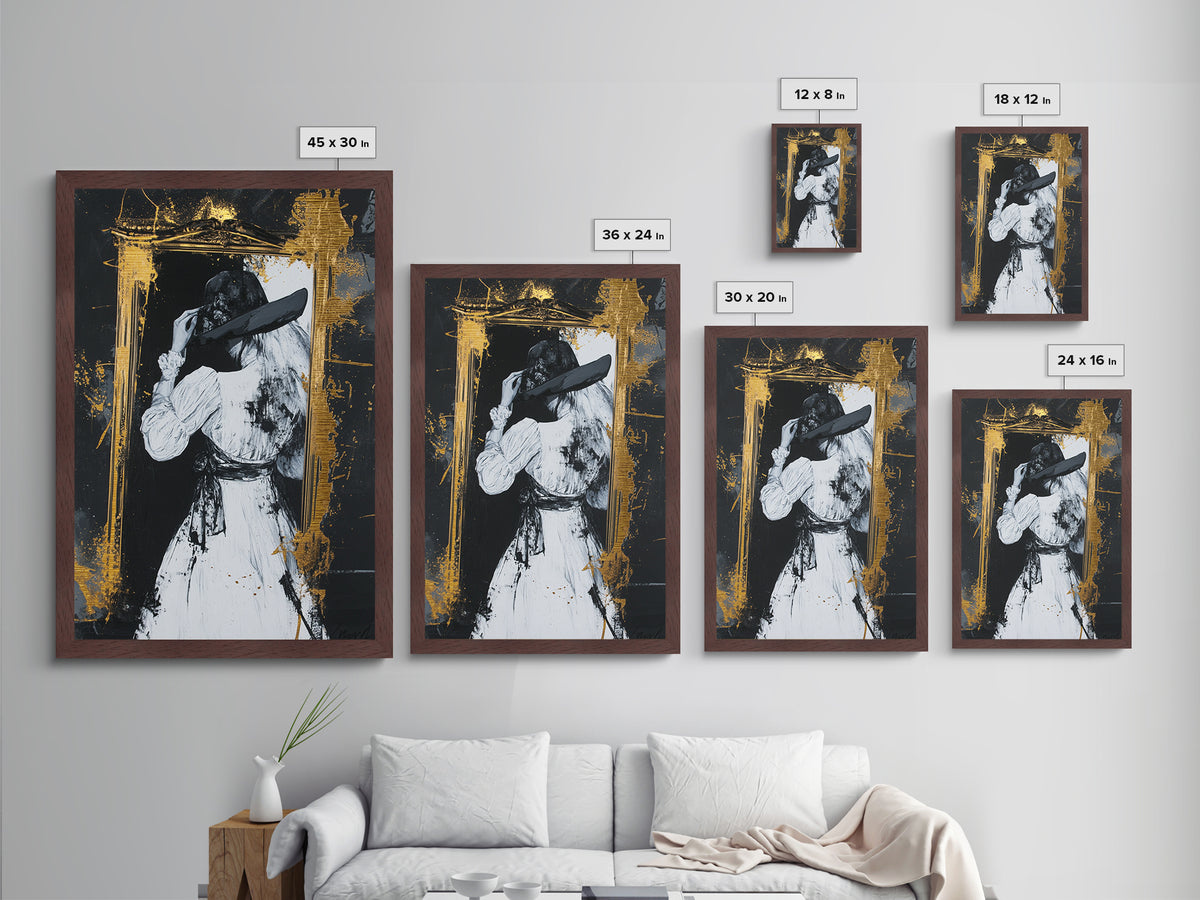 Witchy Gothic Lady Metallic Gold Art, Haunted Mirror Scene Metal Art Painting, Spooky Halloween Decor framed with wood detail