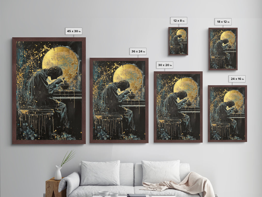 Creepy Pianist Metallic Gold Art, Gothic Moonlight Horror Metal Art Print, Haunted Halloween Wall Decor in real wood frame