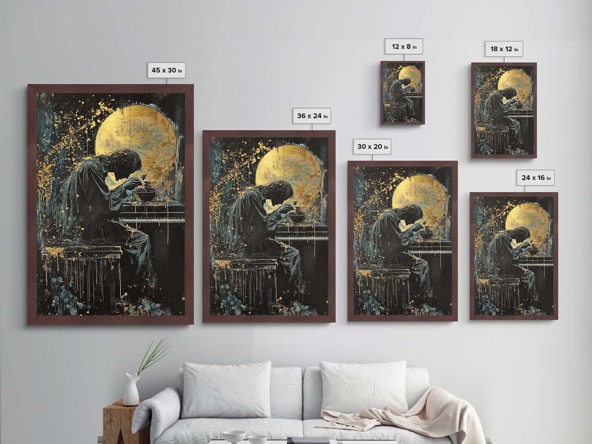 Creepy Pianist Metallic Gold Art, Gothic Moonlight Horror Metal Art Print, Haunted Halloween Wall Decor in real wood frame