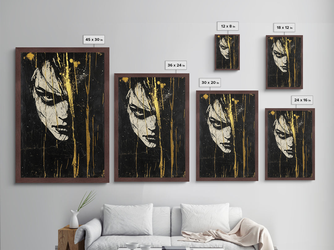 Creepy Female Portrait Metallic Gold Art, Dark Gothic Face Metal Art for Spooky Home Décor, in solid real wood framing