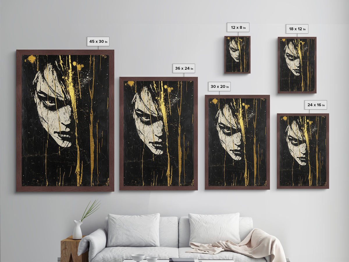Creepy Female Portrait Metallic Gold Art, Dark Gothic Face Metal Art for Spooky Home Décor, in solid real wood framing