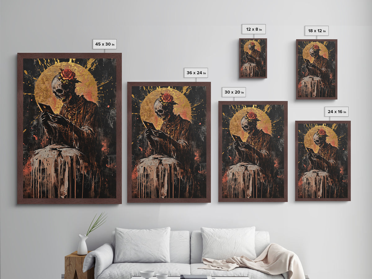 Skeleton with Rose Metallic Gold Art, Gothic Undead Metal Art with Horror Vibes for Halloween Wall Décor, real wood frame included