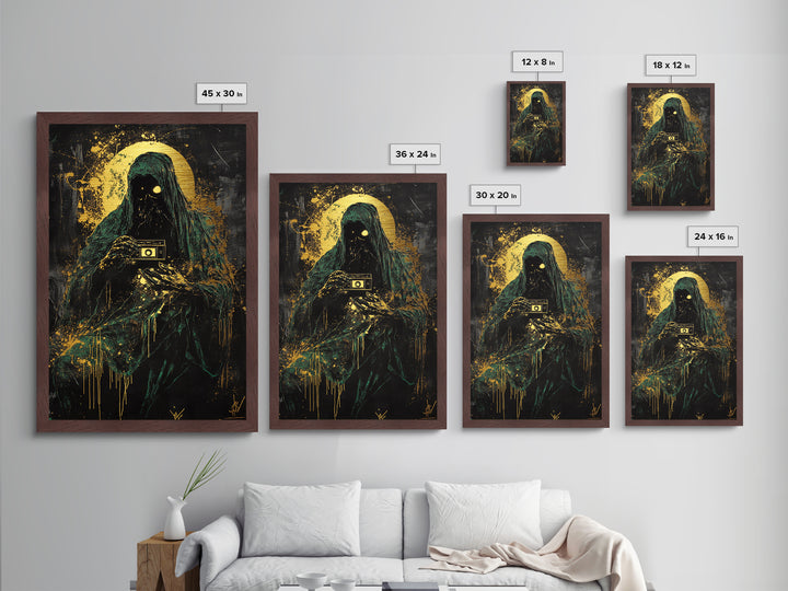 Dark Phantom Photographer Metallic Gold Art, Creepy Haunted Camera Metal Art with Gothic Horror Vibe, real wood frame
