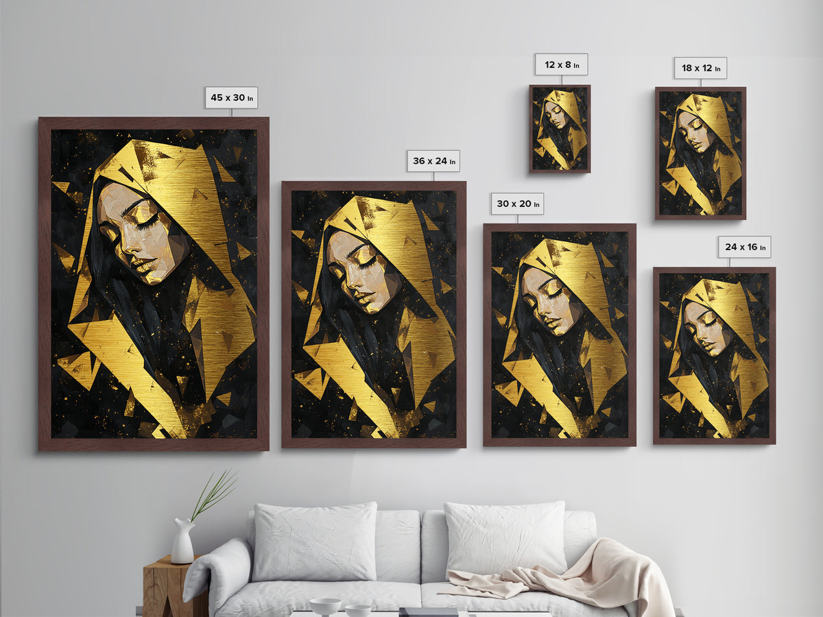 Geometric Hooded Woman Metallic Gold Art, Gothic Polygon Spooky Season Metal Art with Witchy Aesthetic, framed in wood