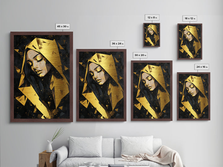 Geometric Hooded Woman Metallic Gold Art, Gothic Polygon Spooky Season Metal Art with Witchy Aesthetic, framed in wood