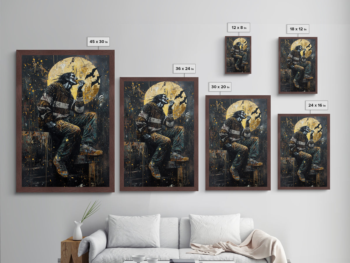 Haunted Moon Zombie Eating Scene, Metallic Gold Art, Spooky Horror Wall Metal Art Framed in Real Wood for Halloween Decor