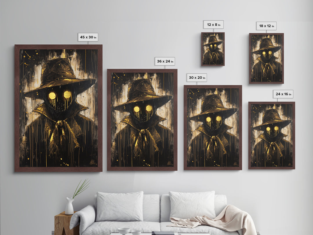 Creepy Scarecrow with Glowing Eyes, Gothic Metallic Gold Art, Horror Halloween Metal Art in Natural Real Wood Frame