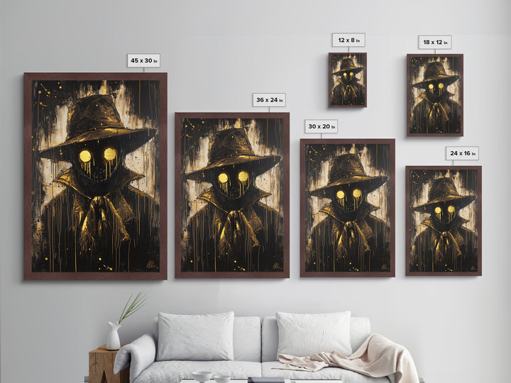 Creepy Scarecrow with Glowing Eyes, Gothic Metallic Gold Art, Horror Halloween Metal Art in Natural Real Wood Frame