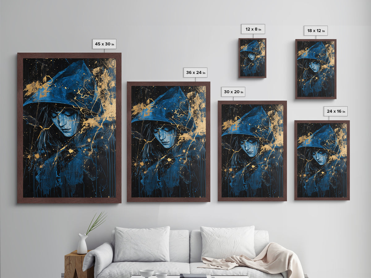 Witchy Hooded Woman in Blue, Metallic Gold Art, Gothic Spooky Season Metal Art on Canvas Framed in Authentic Real Wood