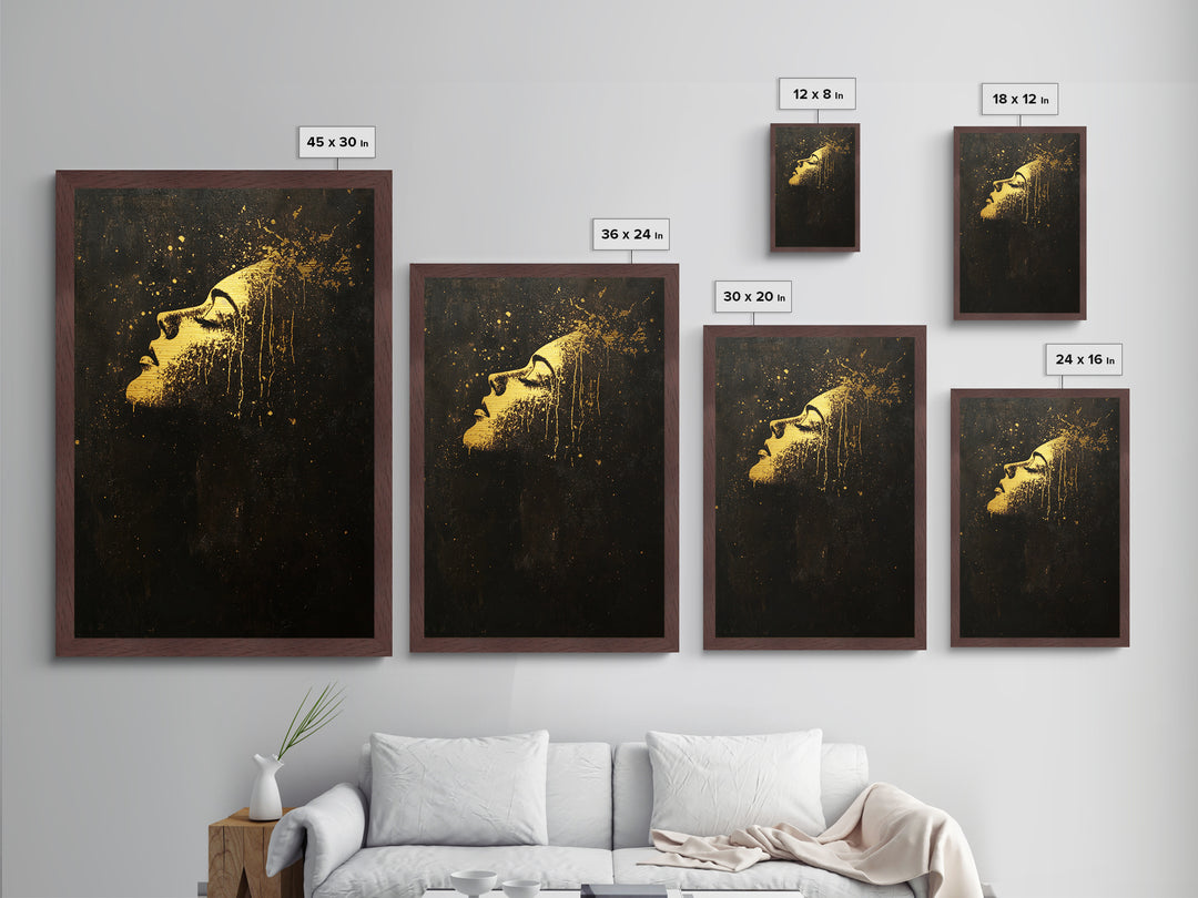 Golden Face in Darkness Abstract, Metallic Gold Art, Spooky Gothic Metal Art Halloween Wall Hanging with Real Wood Framing