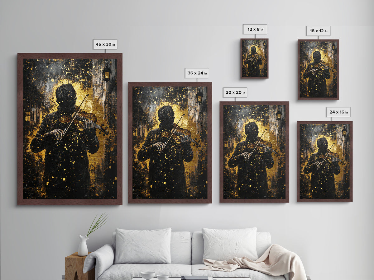 Creepy Violinist in the Shadows, Metallic Gold Art, Haunted Musician Spooky Season Metal Art Framed with Natural Wood