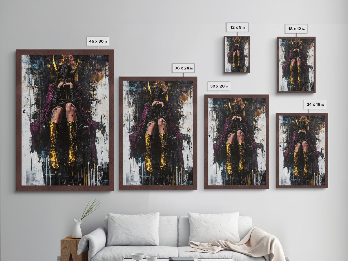 Dark Gothic Woman with Golden Horns, Metallic Gold Art, Spooky Halloween Witch Metal Art in Real Wood Frame Wall Hanging