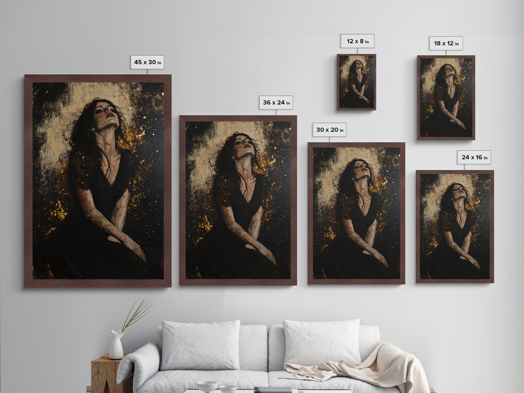 Mystical Black Dress Portrait, Metallic Gold Art, Gothic Spooky Horror Metal Art Wall Decor with Real Wooden Frame