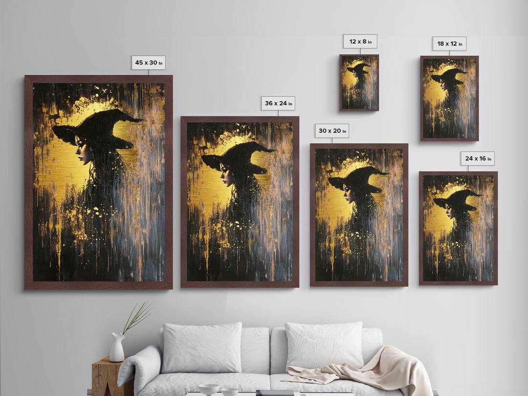 Witch Hat Halloween Portrait, Metallic Gold Art, Spooky Season Gothic Witch Metal Art Framed in Rustic Real Wood