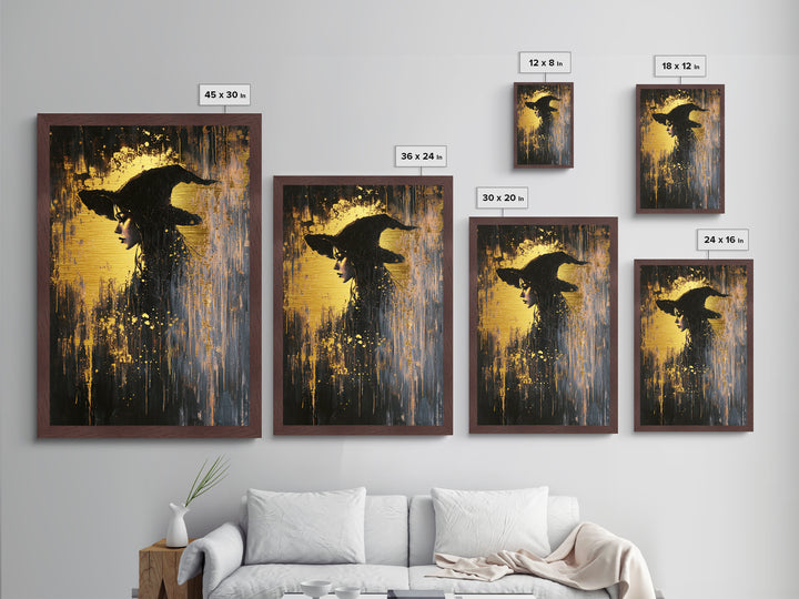Witch Hat Halloween Portrait, Metallic Gold Art, Spooky Season Gothic Witch Metal Art Framed in Rustic Real Wood