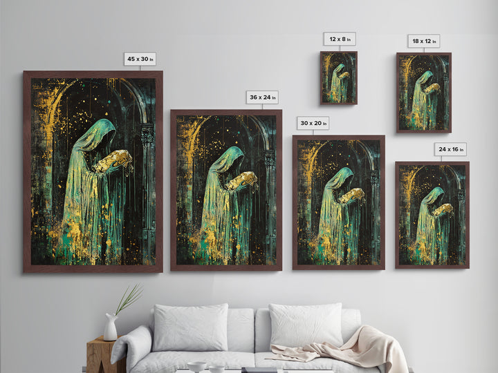 Hooded Phantom with Golden Baby Metallic Gold Art, Creepy Gothic Priest Metal Art in Natural Wood Frame for Halloween