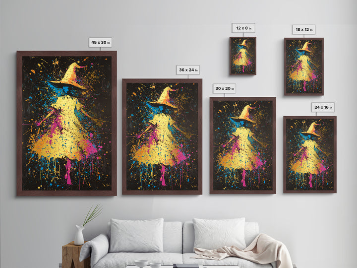 Neon Witch Hat Metallic Gold Art, Psychedelic Spooky Metal Art Print with Real Wood Frame, Vibrant Halloween Wall Decor