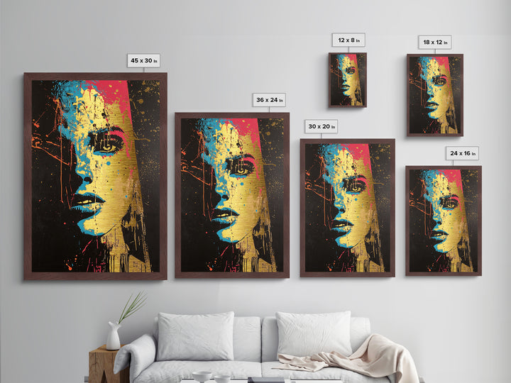 Color Splash Haunted Portrait, Bold Spooky Pop Art Face in Metallic Gold Art, Gothic Season Metal Art with wood frame