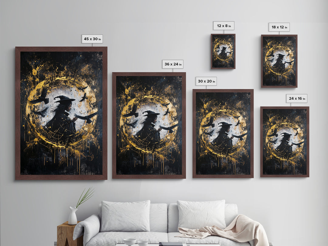 Witch Surrounded by Crows Metallic Gold Art, Haunted Circle Spell Metal Art, Halloween Gothic Decor with Framed Wood Finish