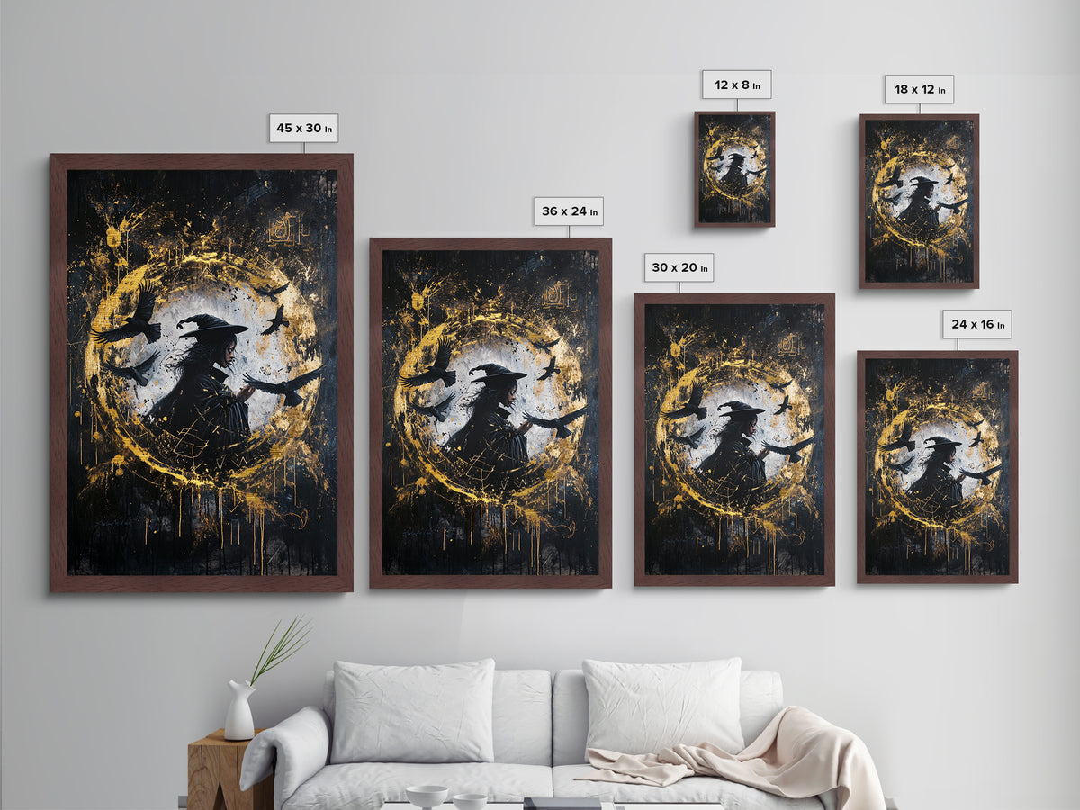 Witch Surrounded by Crows Metallic Gold Art, Haunted Circle Spell Metal Art, Halloween Gothic Decor with Framed Wood Finish