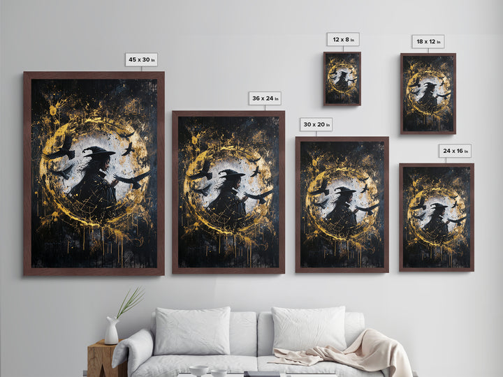 Witch Surrounded by Crows Metallic Gold Art, Haunted Circle Spell Metal Art, Halloween Gothic Decor with Framed Wood Finish