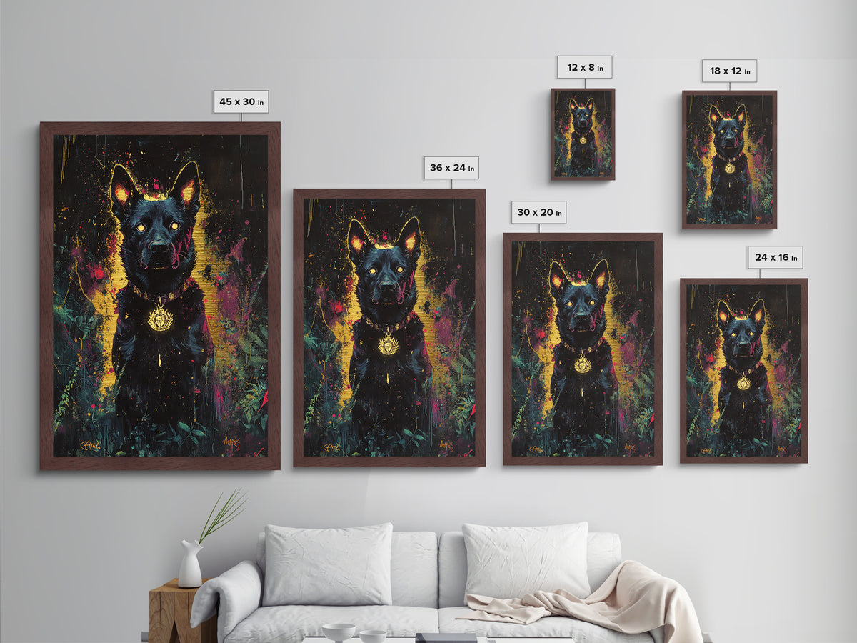 Black Hellhound Metallic Gold Art, Spooky Haunted Dog Metal Art, Halloween Wall Decor Framed in Natural Real Wood