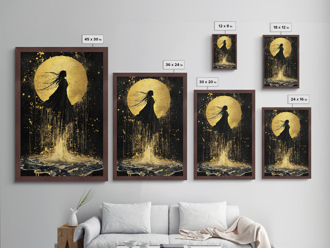 Mystic Woman in Moonlight Metallic Gold Art, Witchy Floating Silhouette Metal Art, Spooky Season Decor in Real Wood Frame