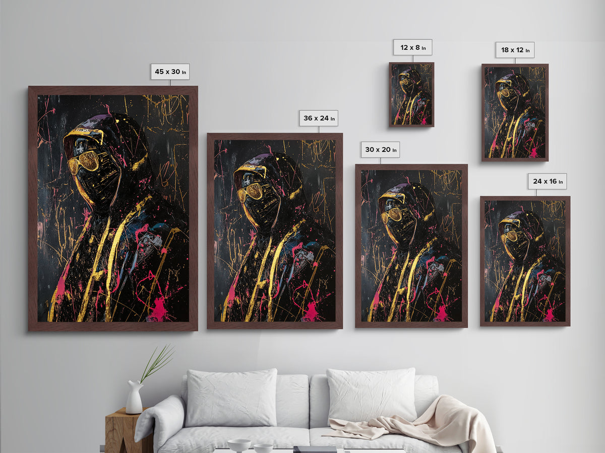 Masked Stranger Metallic Gold Art, Creepy Horror Street Style Metal Art, Spooky Halloween Decor with Natural Wood Frame