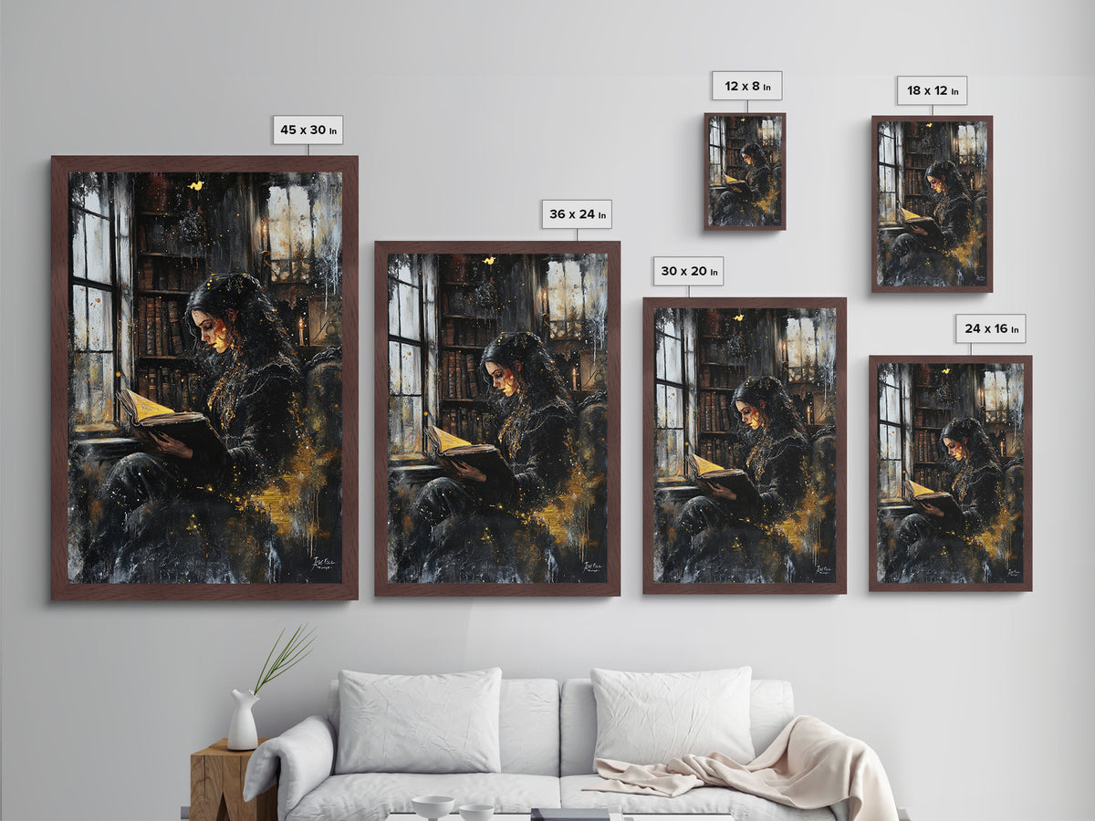 Gothic Witch Reading Spellbook Metallic Gold Art Metal Art Spooky Halloween Wall Decor framed in natural real wood