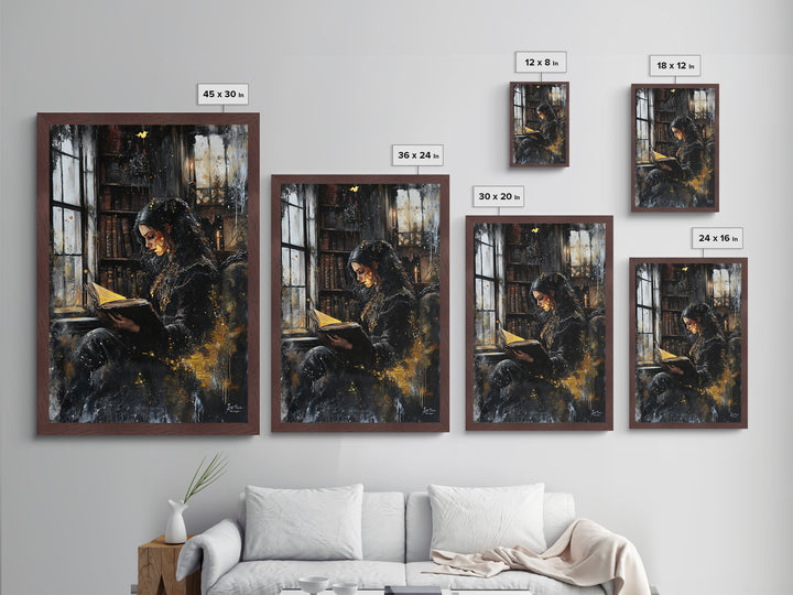 Gothic Witch Reading Spellbook Metallic Gold Art Metal Art Spooky Halloween Wall Decor framed in natural real wood