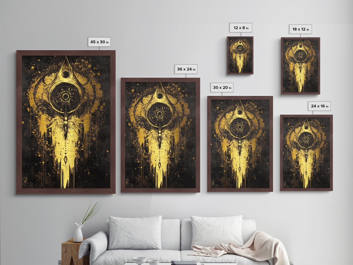 Haunted Celestial Angel Metallic Gold Art Metal Art Occult Halloween Spooky Season Wall Hanging with real wood frame