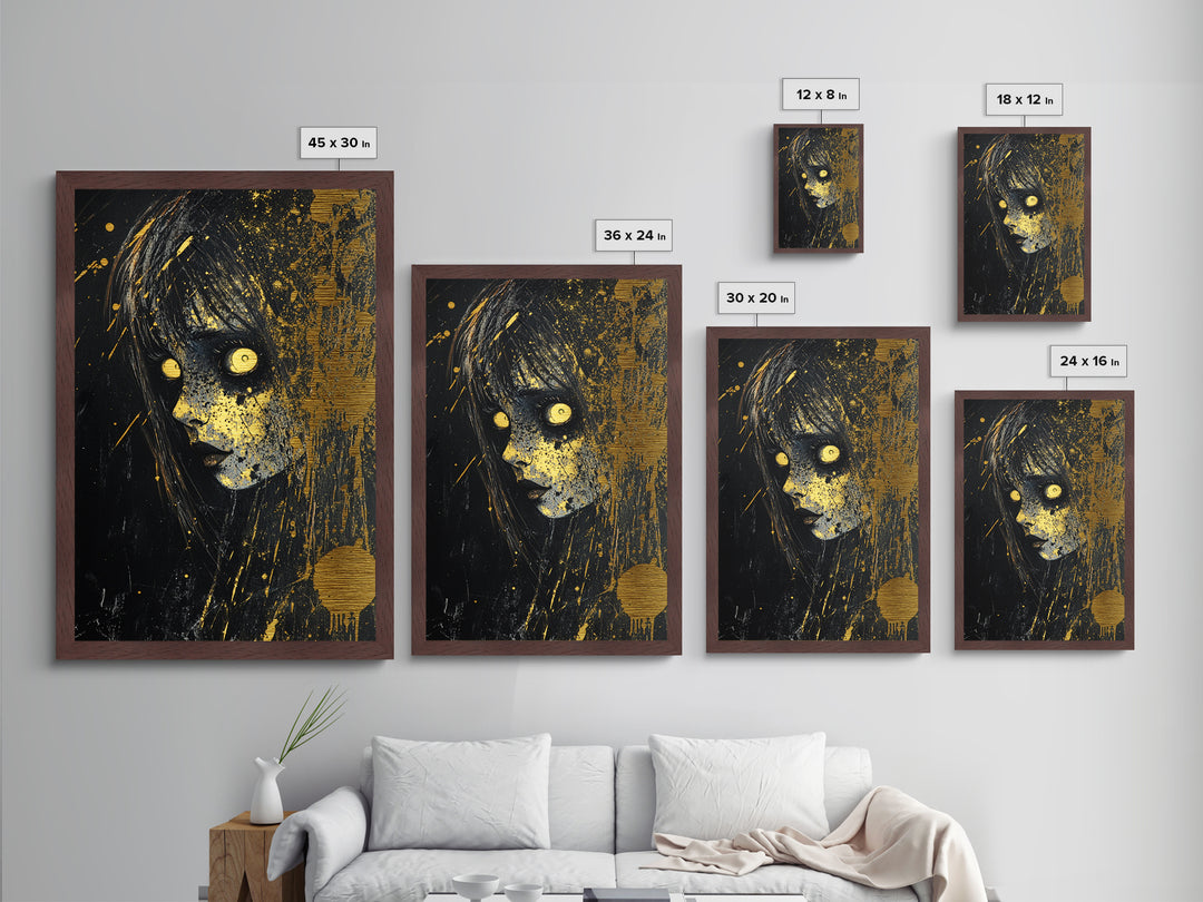 Creepy Horror Doll Portrait Metallic Gold Art Metal Art Spooky Halloween Wall Decor in handcrafted real wood frame