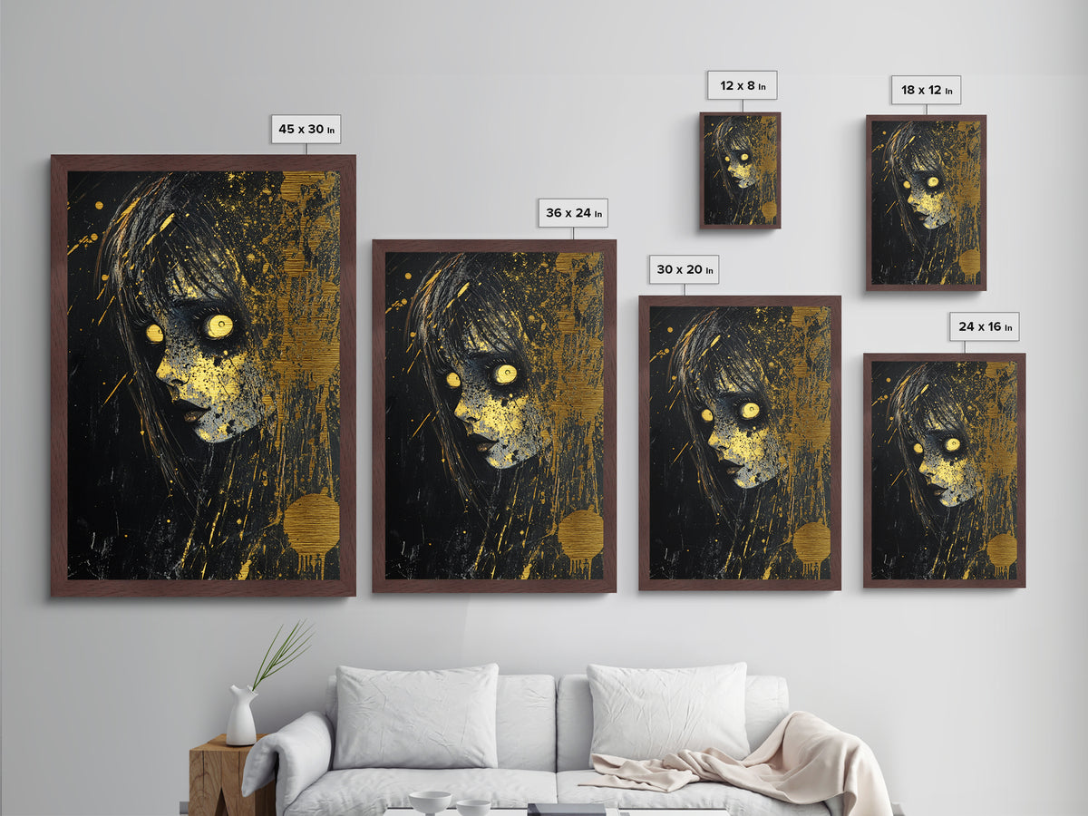 Creepy Horror Doll Portrait Metallic Gold Art Metal Art Spooky Halloween Wall Decor in handcrafted real wood frame