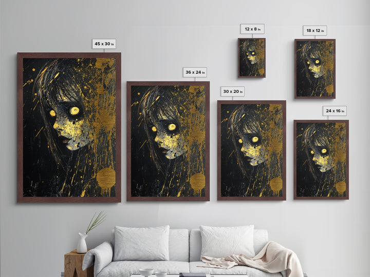 Creepy Horror Doll Portrait Metallic Gold Art Metal Art Spooky Halloween Wall Decor in handcrafted real wood frame