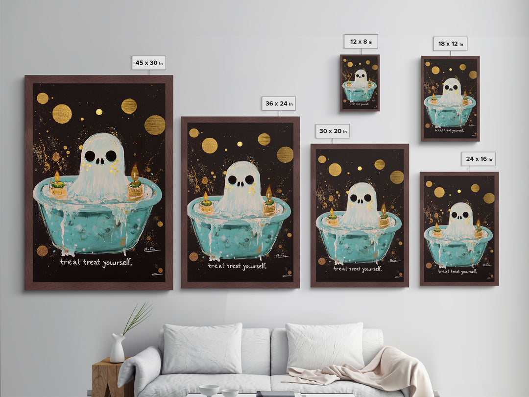Cute Bathtub Ghost Metallic Gold Art Metal Art Halloween Spooky Season Wall Print framed with solid real wood accents