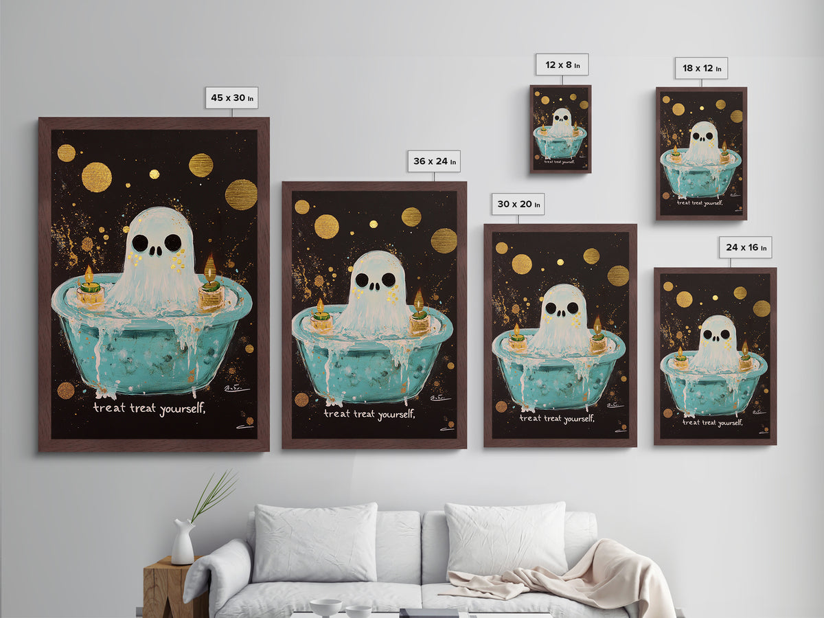 Cute Bathtub Ghost Metallic Gold Art Metal Art Halloween Spooky Season Wall Print framed with solid real wood accents