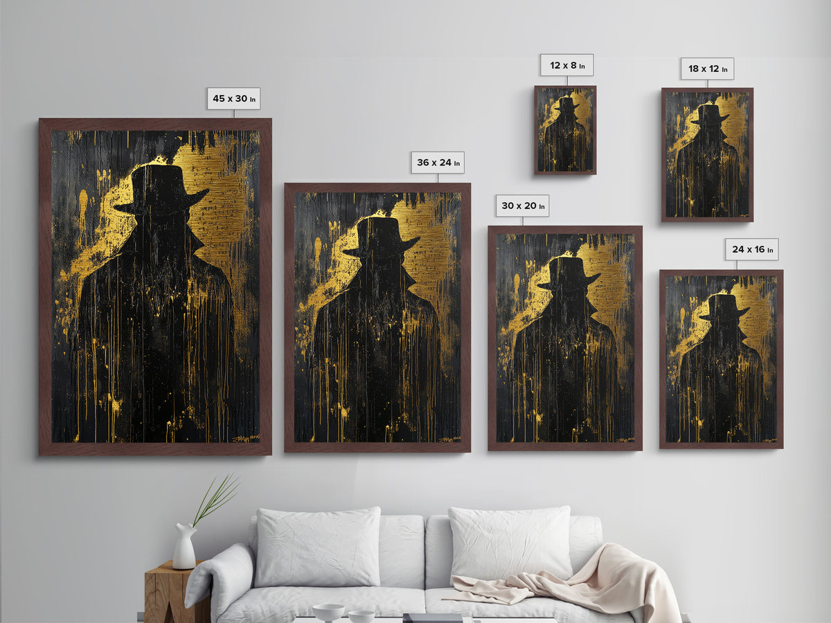 Dark Shadow Figure Metallic Gold Art Metal Art Creepy Horror Halloween Haunted Wall Decor in premium real wood frame