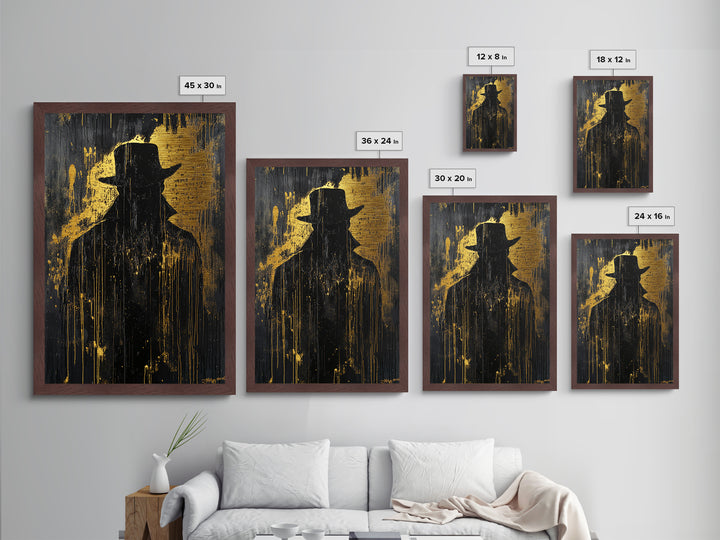 Dark Shadow Figure Metallic Gold Art Metal Art Creepy Horror Halloween Haunted Wall Decor in premium real wood frame