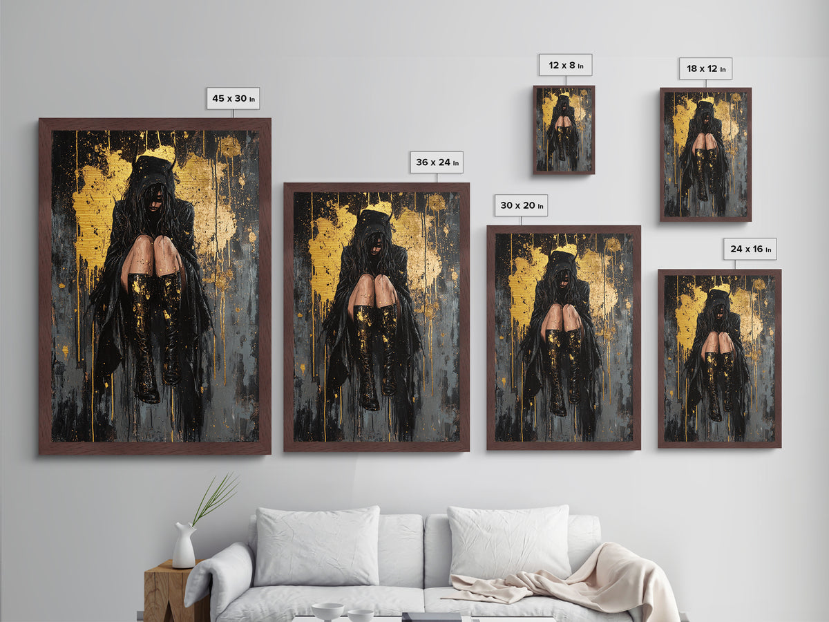 Moody Gothic Girl in Hood Metallic Gold Art Metal Art Spooky Season Haunted Halloween Wall Hanging with natural wood frame