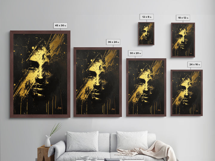 Abstract Haunted Face Metallic Gold Art Metal Art Spooky Horror Gothic Halloween Wall Print framed in genuine wood