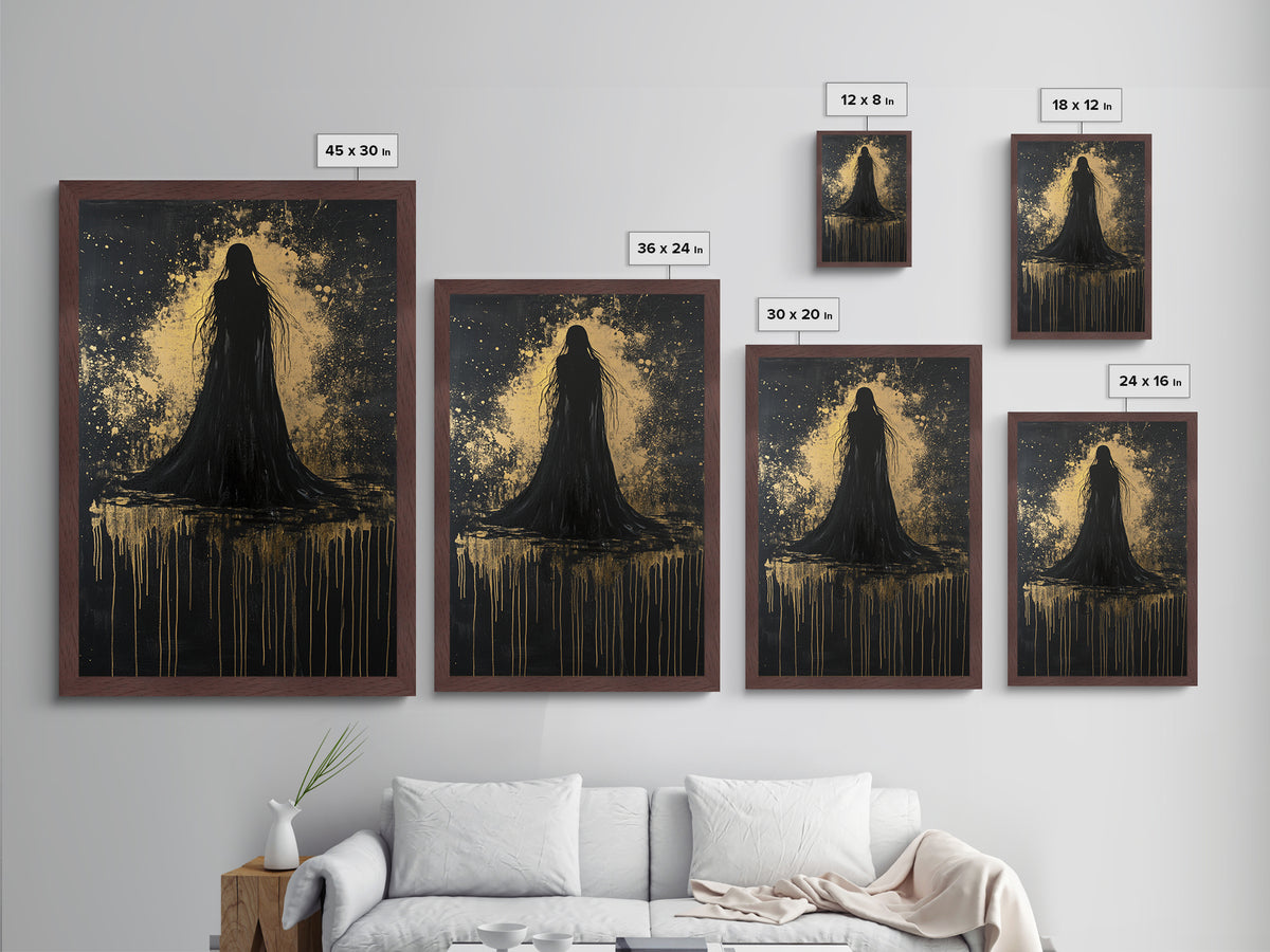 Spooky Ghostly Silhouette Metallic Gold Art Metal Art Haunted Horror Halloween Wall Hanging with authentic real wood frame