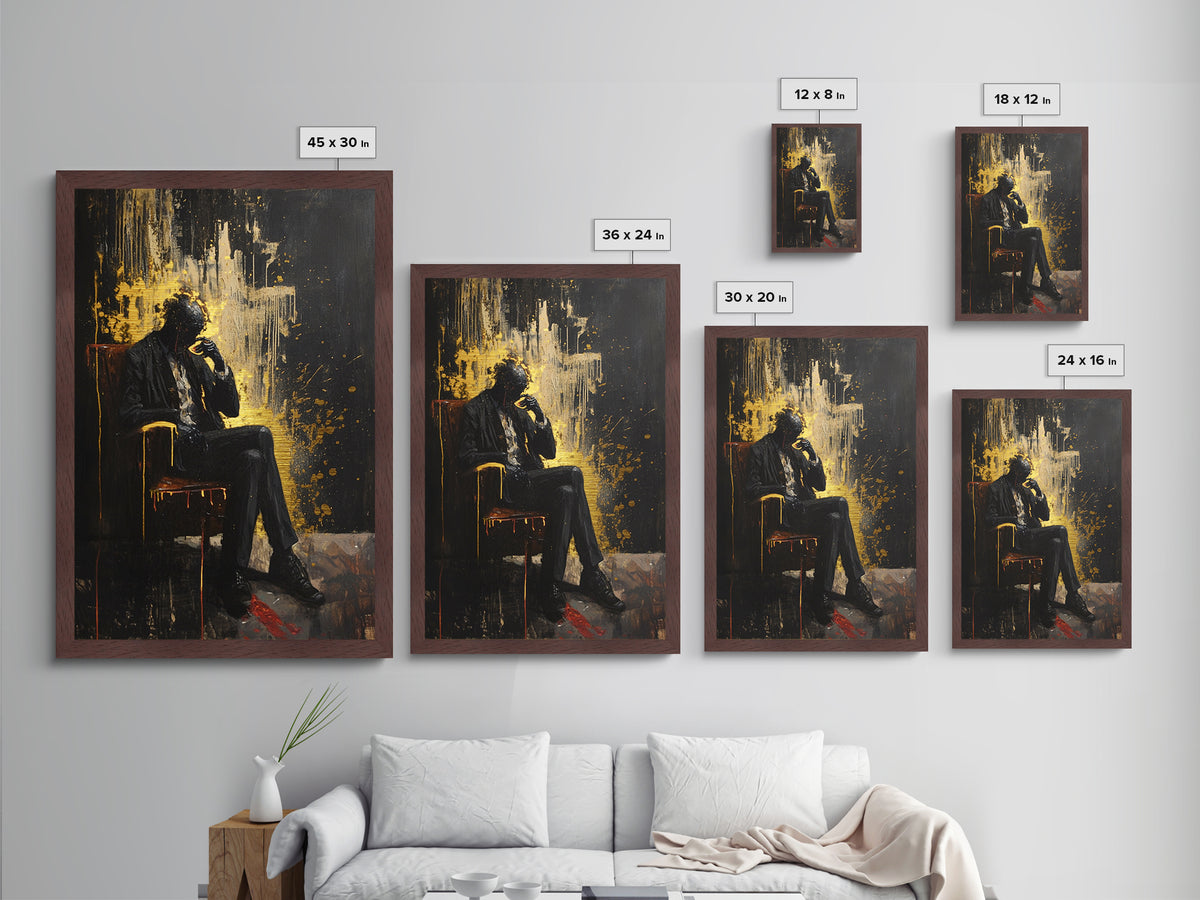 Haunted Man in Suit Metallic Gold Art Metal Art Gothic Horror Halloween Spooky Season Wall Decor framed with natural wood