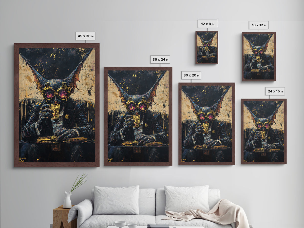 Gothic Bat Creature Drinking Whiskey – Metallic Gold Art, Spooky Season Metal Art, Framed in Real Wood for Halloween Decor