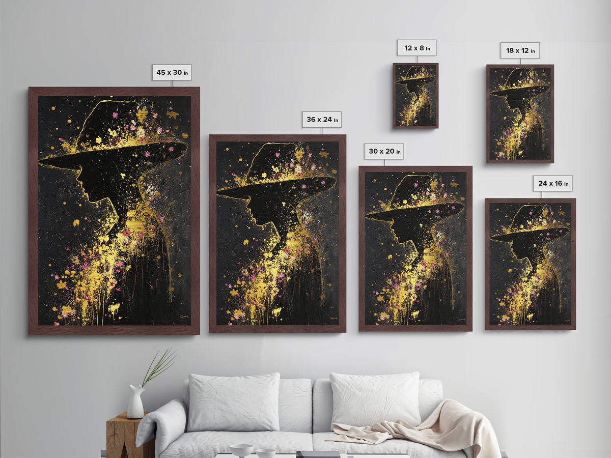 Haunting Silhouette with Floral Hat – Halloween Metallic Gold Art, Spooky Metal Art on Canvas, Natural Wood Frame Wall Hanging