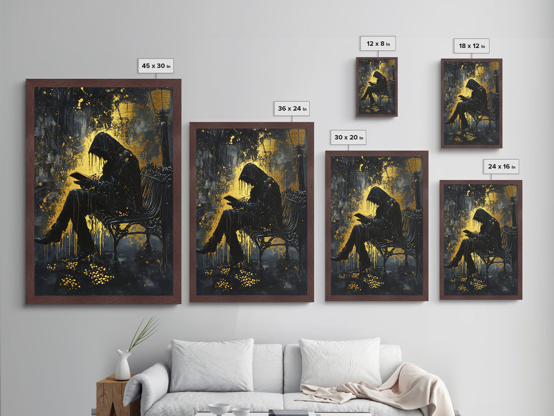 Creepy Hooded Figure Reading in Park – Metallic Gold Art, Haunted Gothic Metal Art, Spooky Wall Art in Real Wood Frame